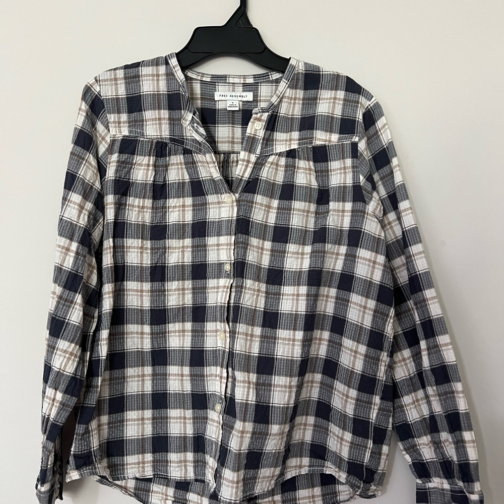 Plaid Button Down Shirt - Navy, Tan and White